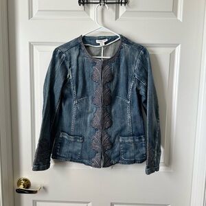 Coldwater Creek Women’s Denim Embroidered Boho Jacket Hook Closure Size 8P